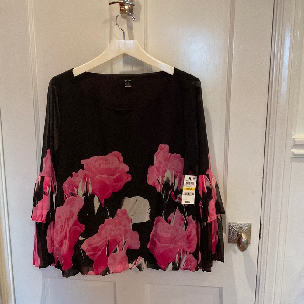 Alfani floral blouse with dramatic ruffle sleeve detail, M NEW